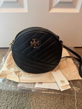 Tory Burch Black Quilted Round Crossbody with Gold Logo